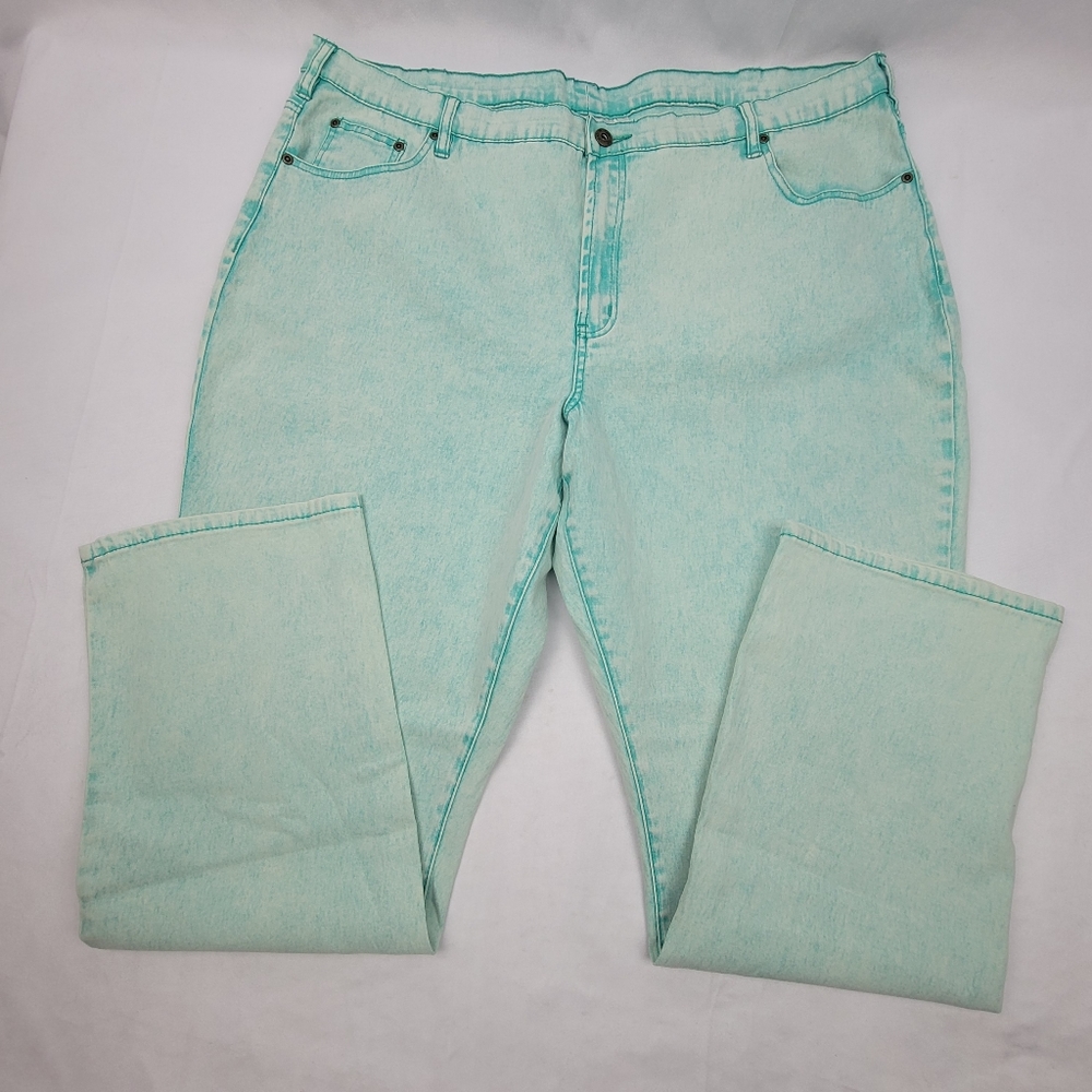 Womens Teal acid wash high-rise straight leg denim